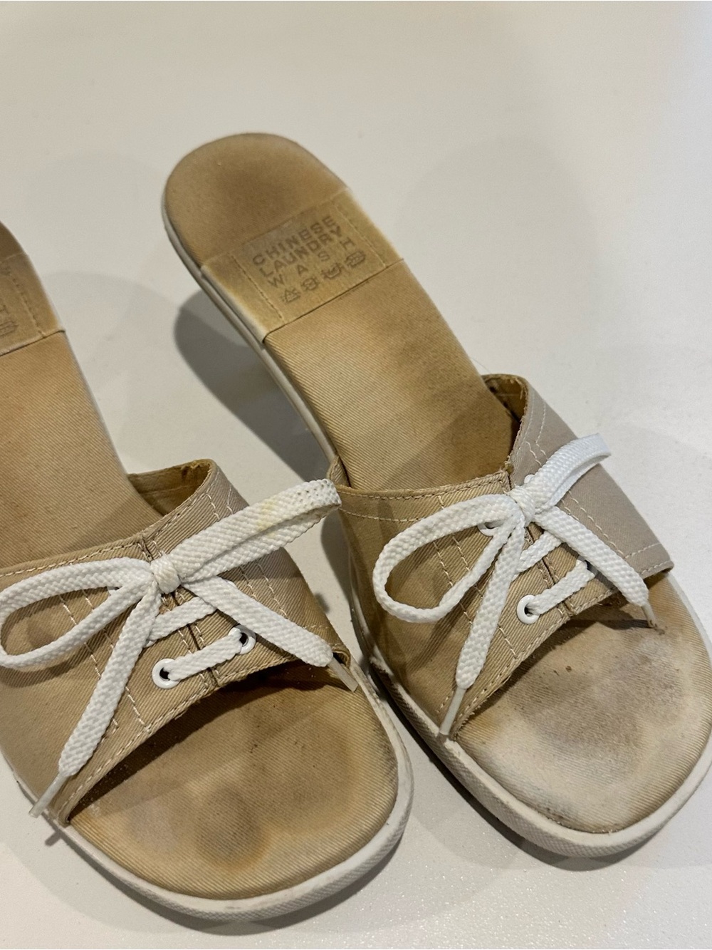 Chinese Laundry Beige Canvas Slide Mules with White Laces